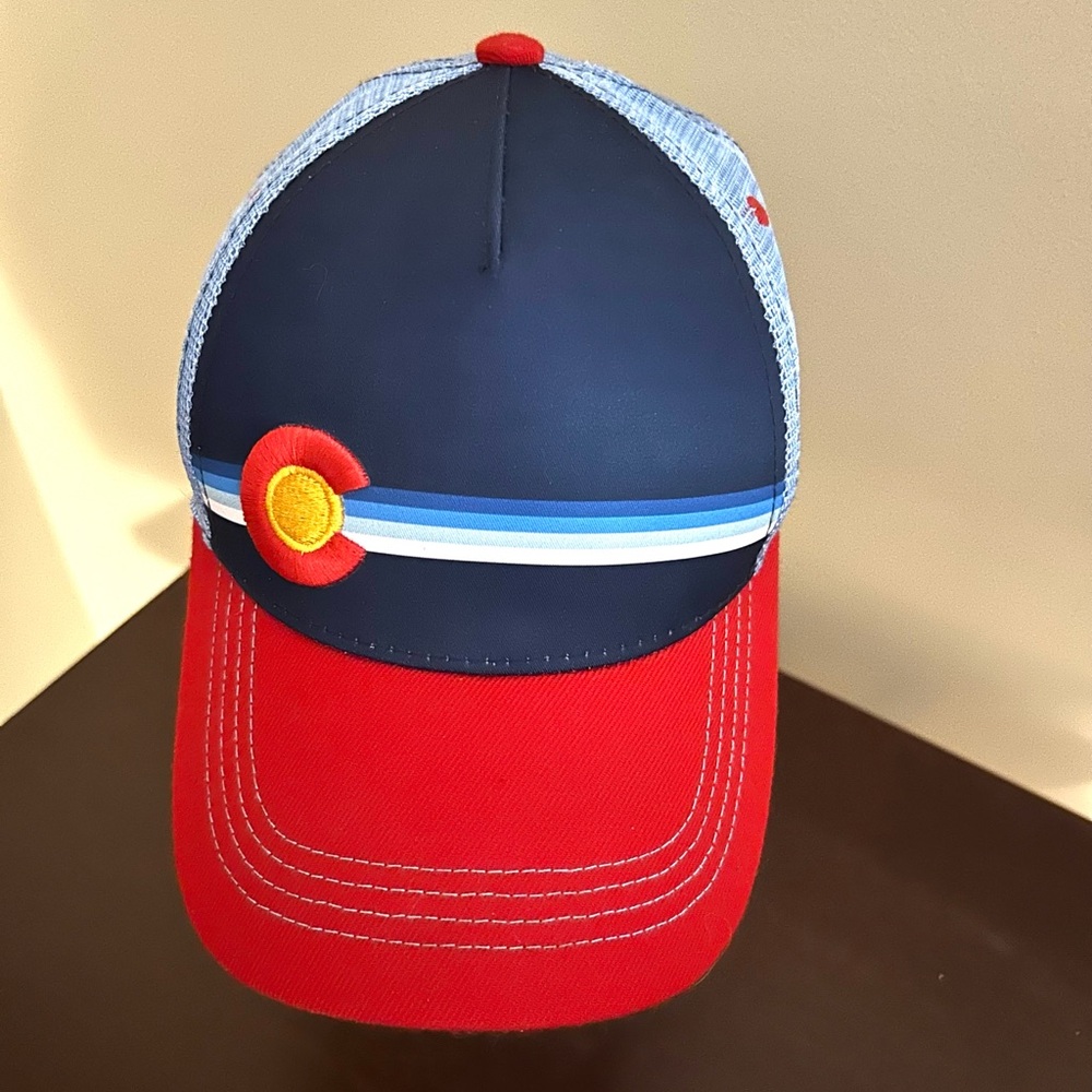 Colorado Emblem Striped Fabric Front Trucker Hat Cap SnapBack By Aksels EUC